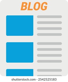 Gráfico de um layout de página de blog com três retângulos azuis e linhas de texto, "BLOG" na parte superior.