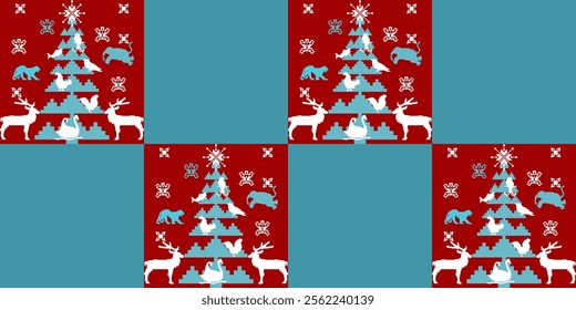 Graphic blue Christmas tree filled with animals big and small in a red square frame alternating with a turquoise square background, horizontal image.