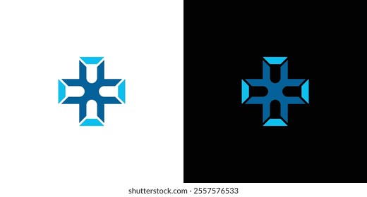 Graphic of a blue geometric cross design against contrasting black and white backgrounds, ideal for corporate, health, or tech applications.