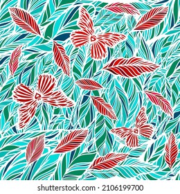 Grafisch blaue, rote, weiße Blumen und Schmetterlinge nahtlos Muster. Vektorgrafik