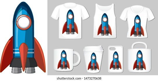 Graphic of blue rocket on different product templates illustration
