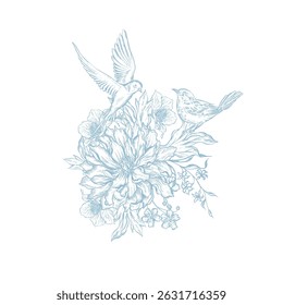 Graphic blue wedding bouquets  with flowers. Illustration 
