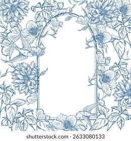 Graphic blue wedding card with flowers. Illustration