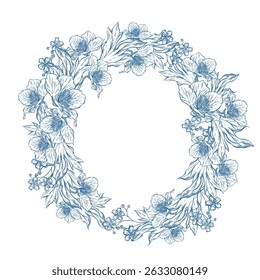 Graphic blue wedding wreath with flowers. Illustration