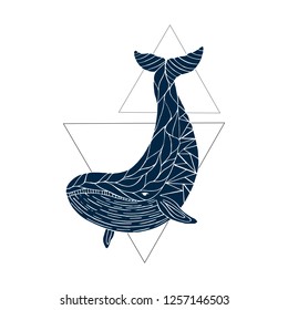 Graphic blue whale hand-drawn in a triangle on a white background. For your business.Tatuiroaka, greeting card, poster, web