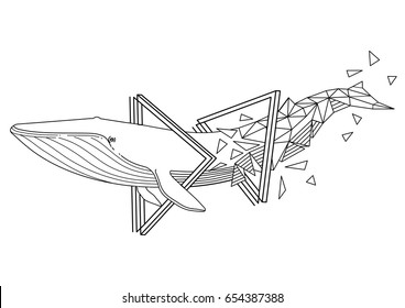 Graphic blue whale swimming through the triangular shapes. Giant sea and ocean creature isolated on white background. Tattoo art or coloring page design