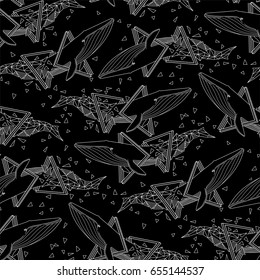 Graphic blue whale swimming through the triangular shapes. Giant sea and ocean creatures. Vector seamless pattern