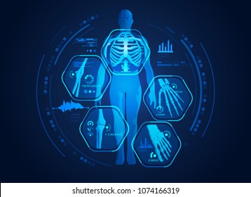 graphic of man’s body x-ray with digital science interface of skeleton and bones scan for biological infographics