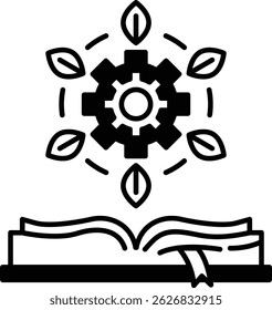 A graphic of a book with a gear in the middle