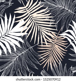 Graphic botanical tropical leaf background. Exotic foliage in silhouette and outline shapes seamless pattern. Hand drawn vector illustration in trendy style