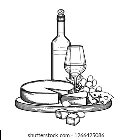 Graphic bottle and glass of wine decorated with camembert cheese and grapes on the wooden board. Kitchen still life. Vector illustration isolated on white background