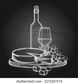 Graphic bottle and glass of wine decorated with camembert cheese and grapes on the wooden board. Kitchen still life. Vector illustration isolated on the chalkboard background