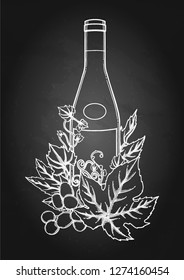 Graphic bottle of wine decorated with grape leaves and berries. Vector watercolor design isolated on the chalkboard background