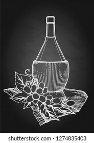 Graphic bottle of wine decorated with grape leaves and berries. Vector watercolor design isolated on the chalkboard background