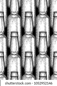 Graphic bottles of beer. Vintage vector seamless pattern drawn in engraving technique. Coloring book page