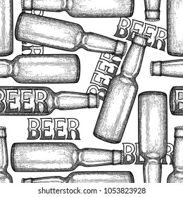 Graphic bottles of beer. Vintage vector seamless pattern drawn in engraving technique. Coloring book page