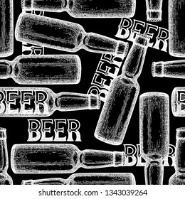 Graphic bottles of beer. Vintage vector seamless pattern drawn in engraving technique