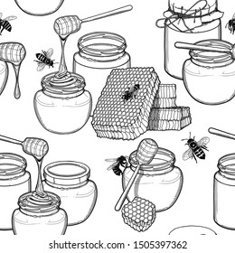 Graphic bottles with different varieties of honey surrounded by honeycombs and bees. Vector repeated  seamless pattern
