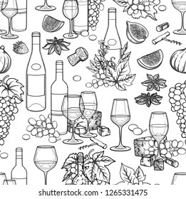 Graphic bottles and glasses of wine decorated with cheese, grapes, figs, star anise and cork. Vector seamless pattern