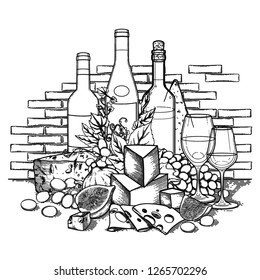 Graphic bottles and glasses of wine decorated with cheese, grapes and figs with brick wall on the background. Vector isolated illustration