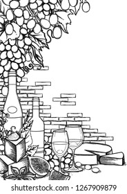 Graphic bottles and glasses of wine decorated with cheese, grapes, figs, strawberries and star anise with brick wall on the background. Vector isolated illustration