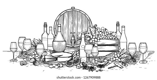 Graphic bottles and glasses of wine decorated with barrels, box, cheese, grapes, figs, star anise and cork on the wooden board. Vector illustration isolated on white background