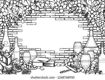 Graphic bottles and glasses of wine decorated with cheese, grapes, figs, strawberries and star anise with brick wall on the background. Vector isolated illustration