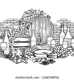 Graphic bottles and glasses of wine decorated with barrel, box, cheese, grapes, figs and strawberries with the brick wall on the background. Vector seamless border