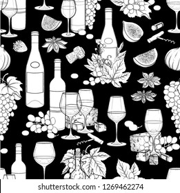 Graphic bottles and glasses of wine decorated with cheese, grapes, figs, star anise and cork. Vector seamless pattern