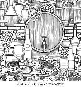 Graphic bottles and glasses of wine decorated with barrel, box, cheese, grapes, figs and strawberries with brick wall on the background. Vector seamless pattern