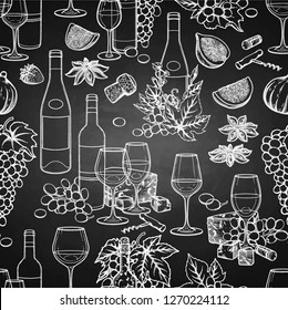 Graphic bottles and glasses of wine decorated with cheese, grapes, figs, star anise and cork. Vector seamless pattern