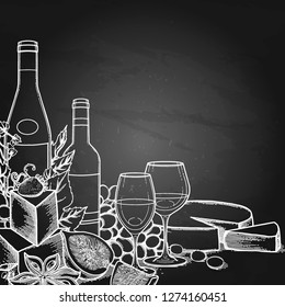 Graphic bottles and glasses of wine decorated with cheese, grapes, figs, strawberry and star anise. Kitchen still life. Vector isolated corner illustration