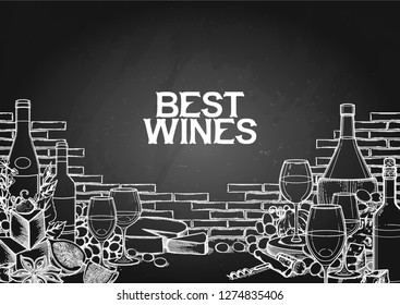 Graphic bottles and glasses of wine decorated with cheese, grapes, figs, strawberries and star anise with brick wall on the background. Vector isolated illustration