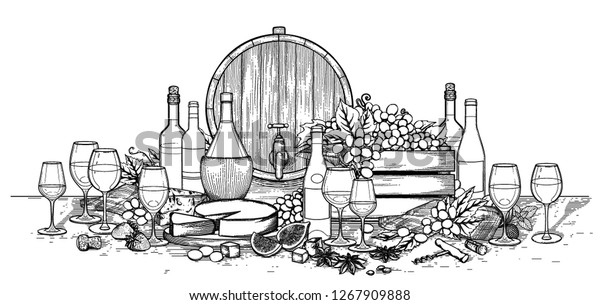 Graphic Bottles Glasses Wine Decorated Barrels Stock Vector (Royalty