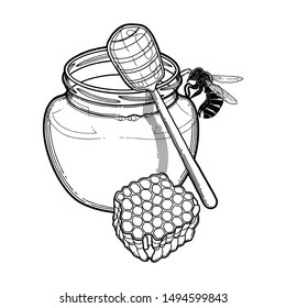 Graphic bottles of honey and the dippers. Isolated vector design