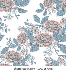 Graphic bouquet for design. Ornament from flowers and leaves on a white background. Floral seamless pattern. Vector illustration.