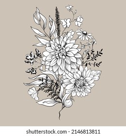 Graphic bouquet of flowers. Contour flowers composition . Vector illustration