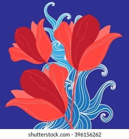Graphic bouquet of red tulips on a blue background