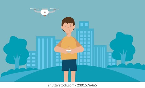 Graphic of boy character playing drone. Boy playing with drone and face of the boy is surprised. Drone boy is outside and flying the drone.  vector illustration backgrounds.