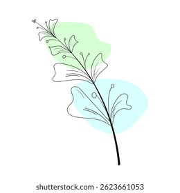 Graphic branch of a plant on a background with green and blue spots. A twig of a plant. A doodle plant.  An abstract element. Template for the design
