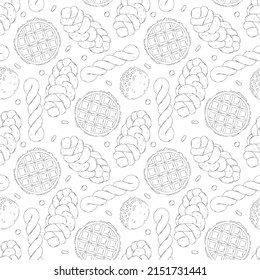 Graphic bread, waffle and twisted donut seamless pattern