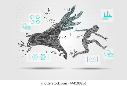 graphic of broken polygon hand reaching to running man