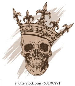 Graphic brown human skull with royal lily king crown and diamonds vector