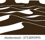Graphic brown and white scene of sweeping dunes shaped by wind across a desert landscape.
