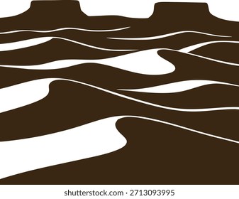 Cena gráfica marrom e branco de dunas arrebatadoras moldadas pelo vento através de uma paisagem desértica.