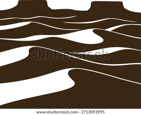 Graphic brown and white scene of sweeping dunes shaped by wind across a desert landscape.