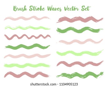 Graphic brush stroke waves vector set. Hand drawn green brushstrokes, ink splashes, watercolor splats, hand painted curls. Interior paint color palette swatches. Summer design paint brush curves.