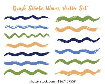 Graphic brush stroke waves vector set. Hand drawn brushstrokes, green blue ink splashes, watercolor splats, hand painted curls. Interior colors scheme swatches. Wavy stripes vector set.