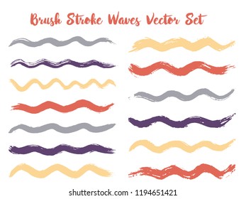 Graphic brush stroke waves vector set. Hand drawn red brushstrokes, ink splashes, watercolor splats, hand painted curls. Interior paint color palette samples. Wavy stripes vector set.