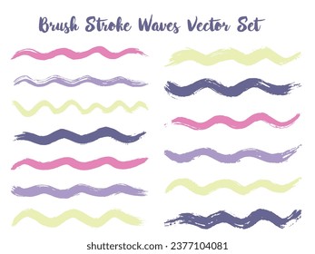 Graphic brush stroke waves vector set. Hand drawn purple brushstrokes, ink splashes, watercolor splats, hand painted curls. Interior paint color palette samples. Textured waves, stripes design.
